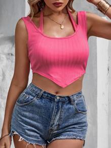 SHEIN VCAY 後綁帶手帕下擺羅紋針織上衣 - 粉色 - 查看 4