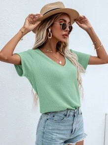 SHEIN LUNE Waffle Knit V Neck Solid Tee - Mint Green - View 1