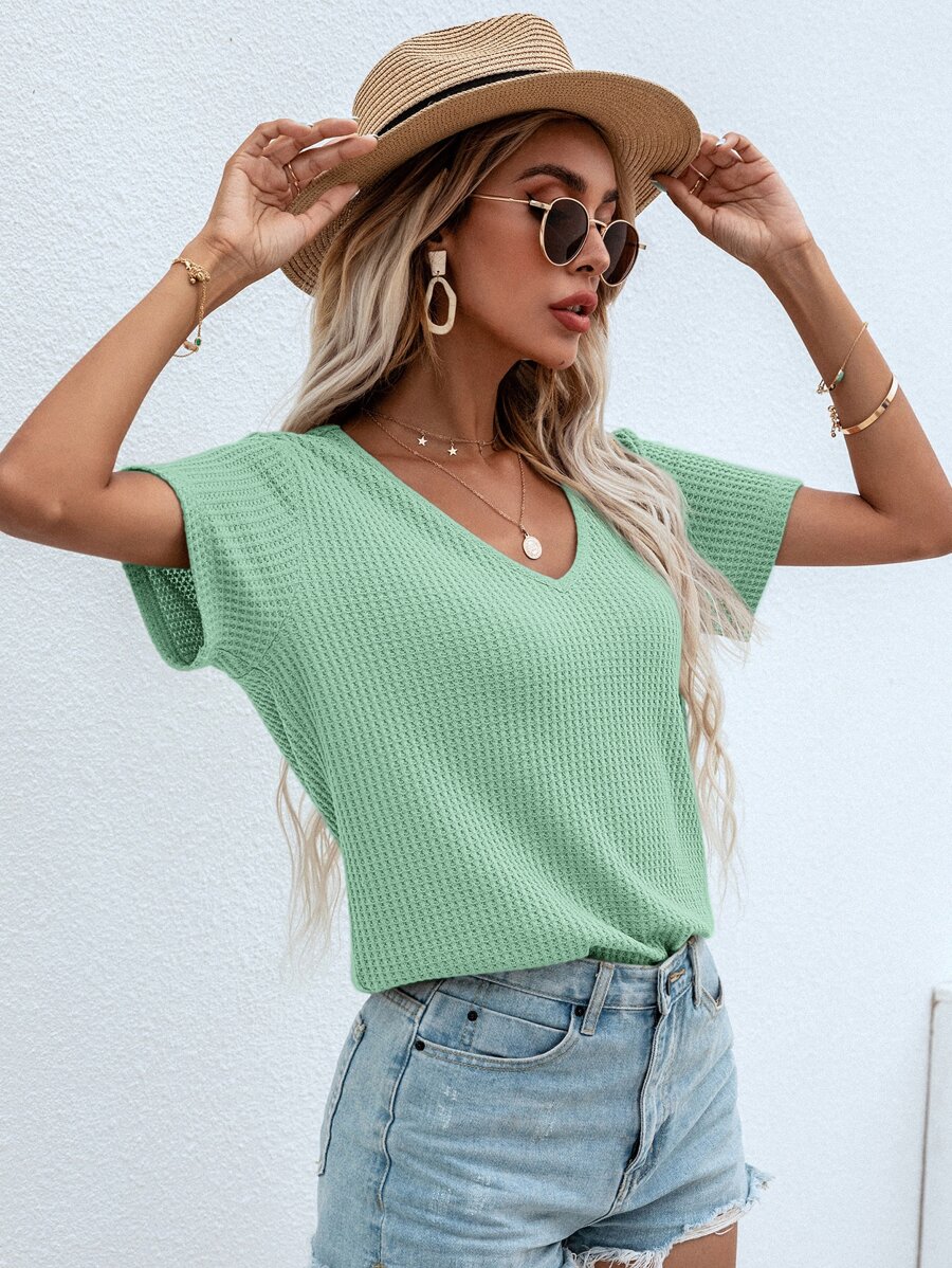 SHEIN LUNE Waffle Knit V Neck Solid Tee - Mint Green - View 1