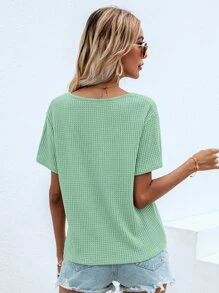 SHEIN LUNE Waffle Knit V Neck Solid Tee - Mint Green - View 2