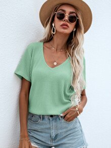 SHEIN LUNE Waffle Knit V Neck Solid Tee - Mint Green - View 3