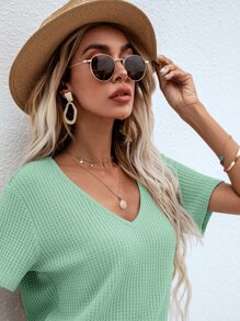 SHEIN LUNE Waffle Knit V Neck Solid Tee - Mint Green - View 4