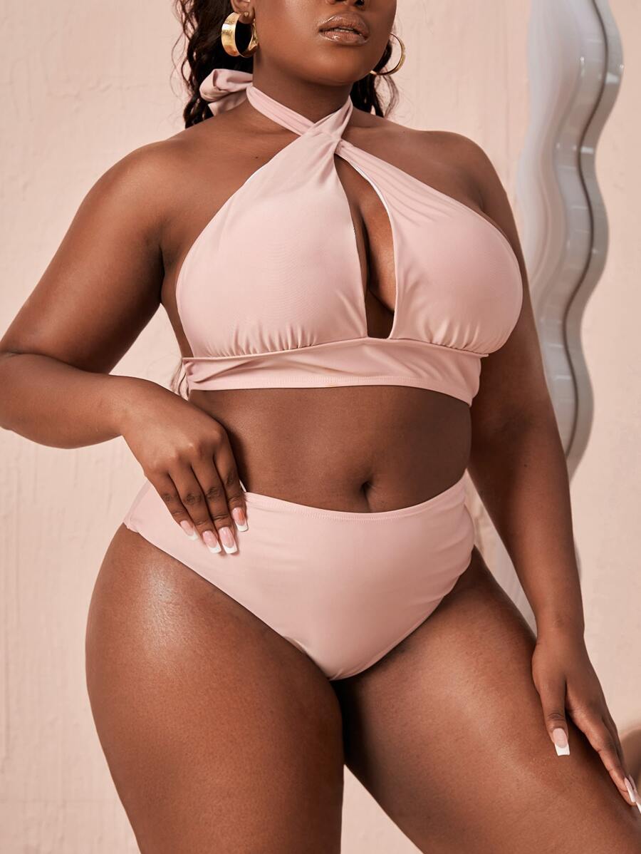 Conjunto de bikini de talla grande con tirantes cruzados en la parte delantera y cuello halter de cintura alta para playa de verano - Rosa Pálido - Ver 1