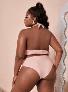 Conjunto de bikini de talla grande con tirantes cruzados en la parte delantera y cuello halter de cintura alta para playa de verano - Rosa Pálido - Ver 2