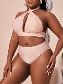 Conjunto de bikini de talla grande con tirantes cruzados en la parte delantera y cuello halter de cintura alta para playa de verano - Rosa Pálido - Ver 3