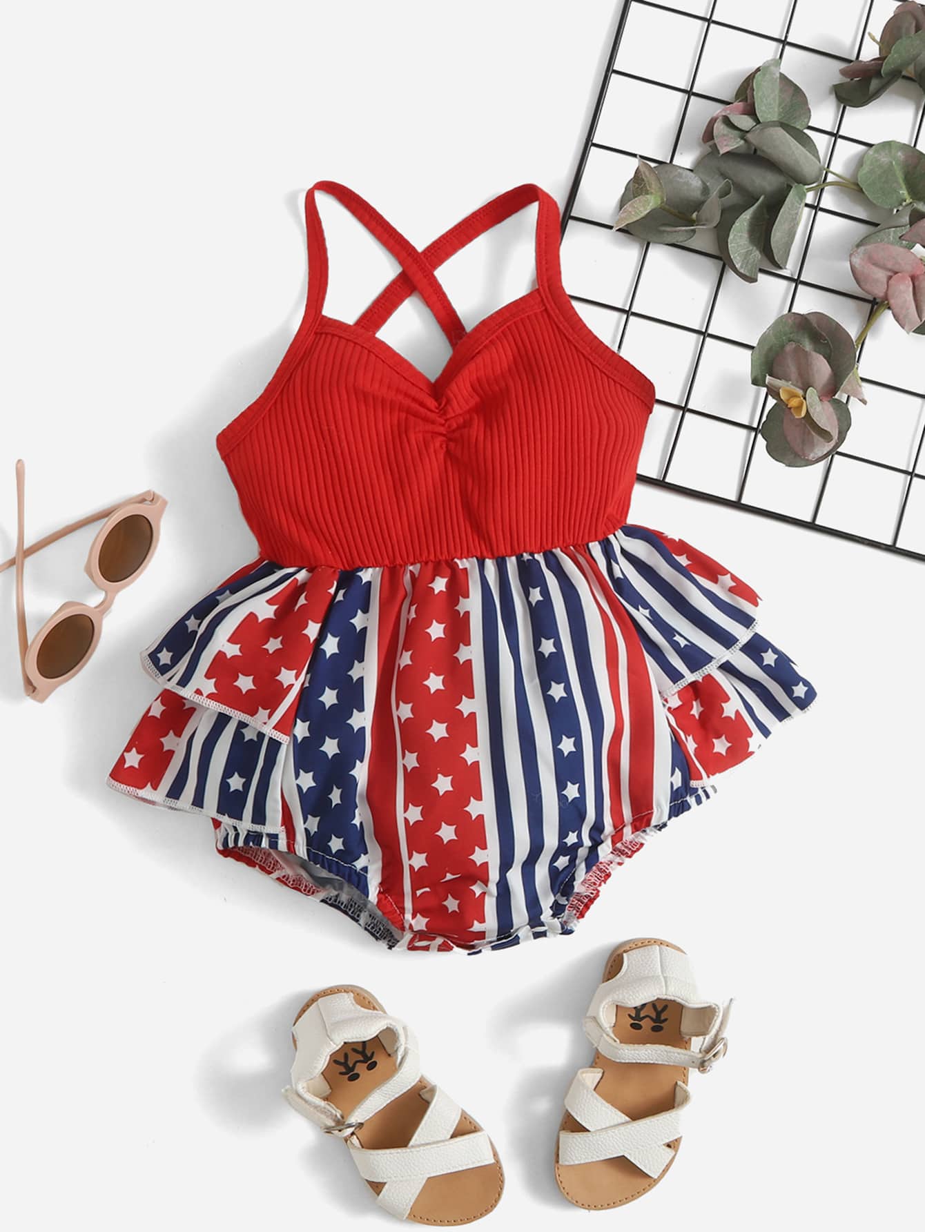 Bebé Body con estampado de bandera fruncido ribete con fruncido de espalda con tira cruzada - Multicolor - Ver 1