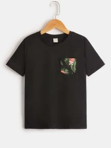 SHEIN Boys Tropical Print Patched Pocket Tee - Black - View 1