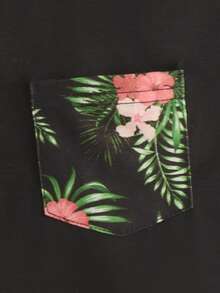 SHEIN Boys Tropical Print Patched Pocket Tee - Black - View 4