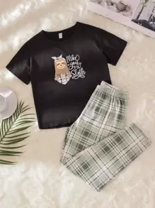 Tween Girls' Slouchy Sloth Printed Plaid Design Homewear Set - Multicolor - View 1