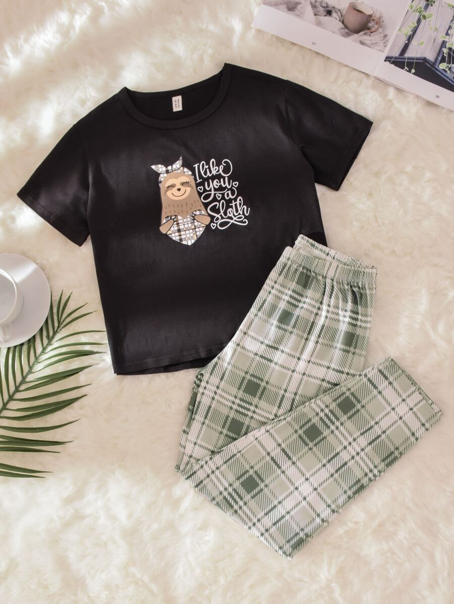 Tween Girls' Slouchy Sloth Printed Plaid Design Homewear Set - Multicolor - View 1
