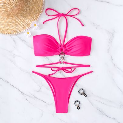 Ring Linked Halter Bikini Swimsuit