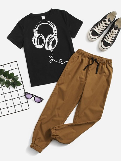 SHEIN Tween Boy Headphone Print Tee & Drawstring Waist Pants
