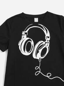 SHEIN Boys Headphone Print Tee & Drawstring Waist Trousers - Multicolor - View 4