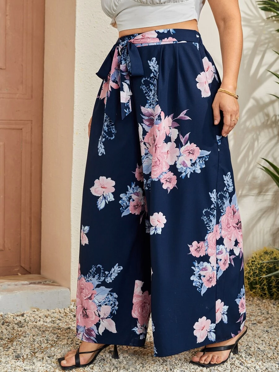 SHEIN Clasi 大碼印花前打結闊腿褲 - 藏蓝色 - 查看 1