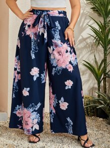 SHEIN Clasi 大碼印花前打結闊腿褲 - 藏蓝色 - 查看 3