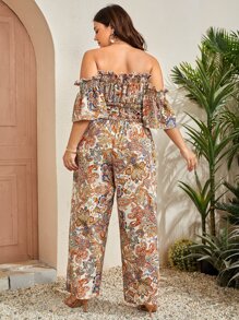 SHEIN Holidaya Plus Floral & Paisley Print Off Shoulder Crop Top & Paperbag Waist Pants - Multicolor - View 2