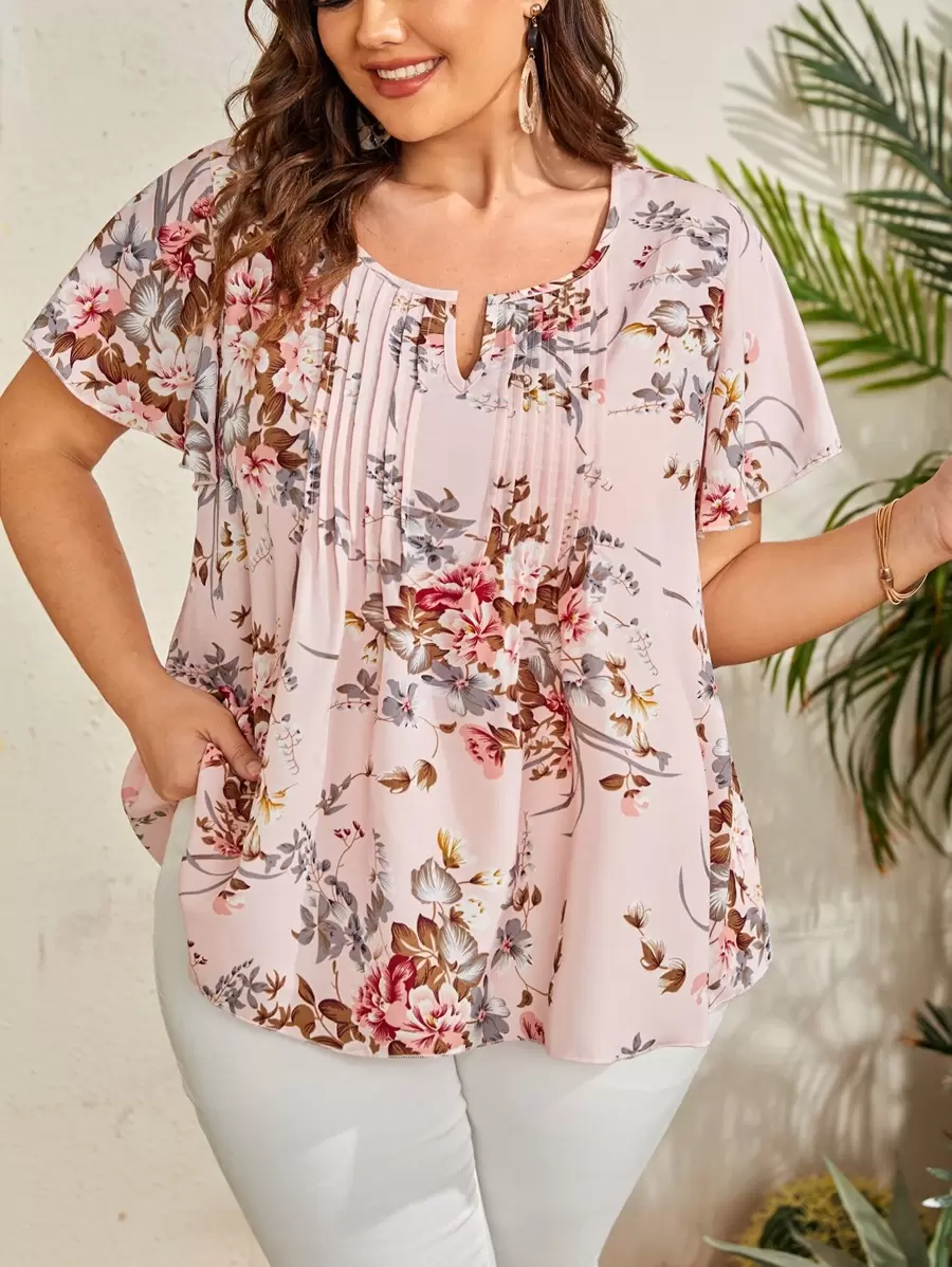 SHEIN LUNE Plus Floral Print Fold Pleated Notched Neck Blouse - Baby Pink - View 1