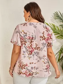 SHEIN LUNE Plus Floral Print Fold Pleated Notched Neck Blouse - Baby Pink - View 2