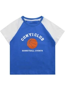 Niños Camiseta con estampado de baloncesto y letra de manga raglán - Azul - Ver 3