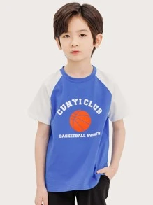 Niños Camiseta con estampado de baloncesto y letra de manga raglán - Azul - Ver 4