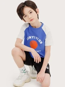 Niños Camiseta con estampado de baloncesto y letra de manga raglán - Azul - Ver 5