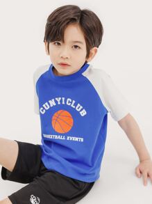 Niños Camiseta con estampado de baloncesto y letra de manga raglán - Azul - Ver 6