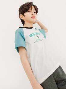 Niños Camiseta con estampado de slogan en contraste de manga raglán - Blanco - Ver 3