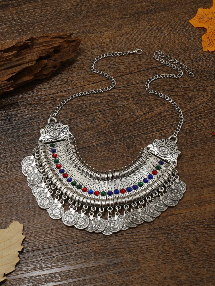 手作りのヴィンテージ アロイ ビーズ ネックレス、マルチカラーラインストーンあり 1個入り