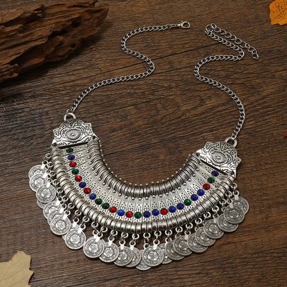 1入手工製作復古合金珠鍊，多色鑽石項鍊