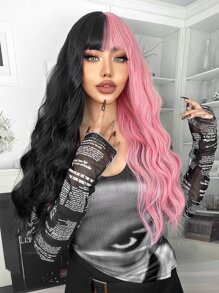 半黑半粉长波浪卷发假发，带刘海，26 英寸时尚女士假发，合成耐热假发，日常使用假发，适合初学者，适合各种场合，包括圣诞节、新年、派对、度假、冬季 - 彩色 - 查看 1