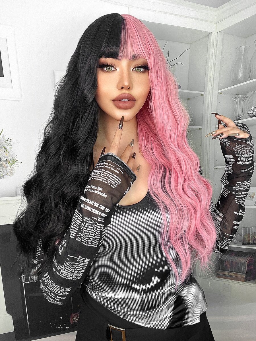 半黑半粉长波浪卷发假发，带刘海，26 英寸时尚女士假发，合成耐热假发，日常使用假发，适合初学者，适合各种场合，包括圣诞节、新年、派对、度假、冬季 - 彩色 - 查看 1