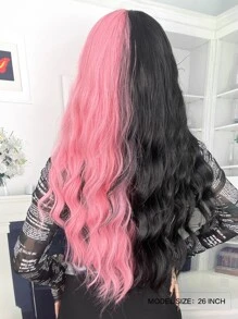 半黑半粉长波浪卷发假发，带刘海，26 英寸时尚女士假发，合成耐热假发，日常使用假发，适合初学者，适合各种场合，包括圣诞节、新年、派对、度假、冬季 - 彩色 - 查看 2