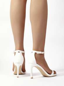 仿麂皮細跟踝帶平底涼鞋,白色優雅素色踝帶女士高跟涼鞋 - 白色 - 查看 3