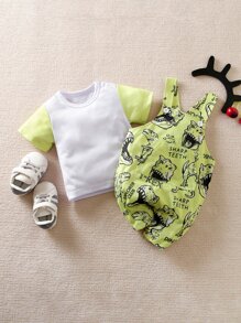 Yierying Baby Colourblock Tee & Letter & Dinosaur Print Overall Jumpsuit - Multicolor - View 1