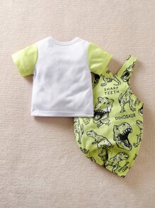 Yierying Baby Colourblock Tee & Letter & Dinosaur Print Overall Jumpsuit - Multicolor - View 2
