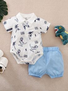 Yierying 男嬰字母和恐龍印花Polo領連體衣和素色短褲 - 藍白色 - 查看 1