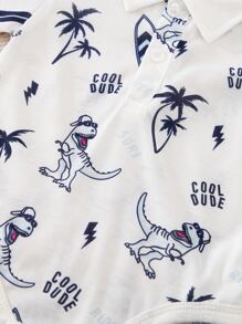 Yierying 男嬰字母和恐龍印花Polo領連體衣和素色短褲 - 藍白色 - 查看 3
