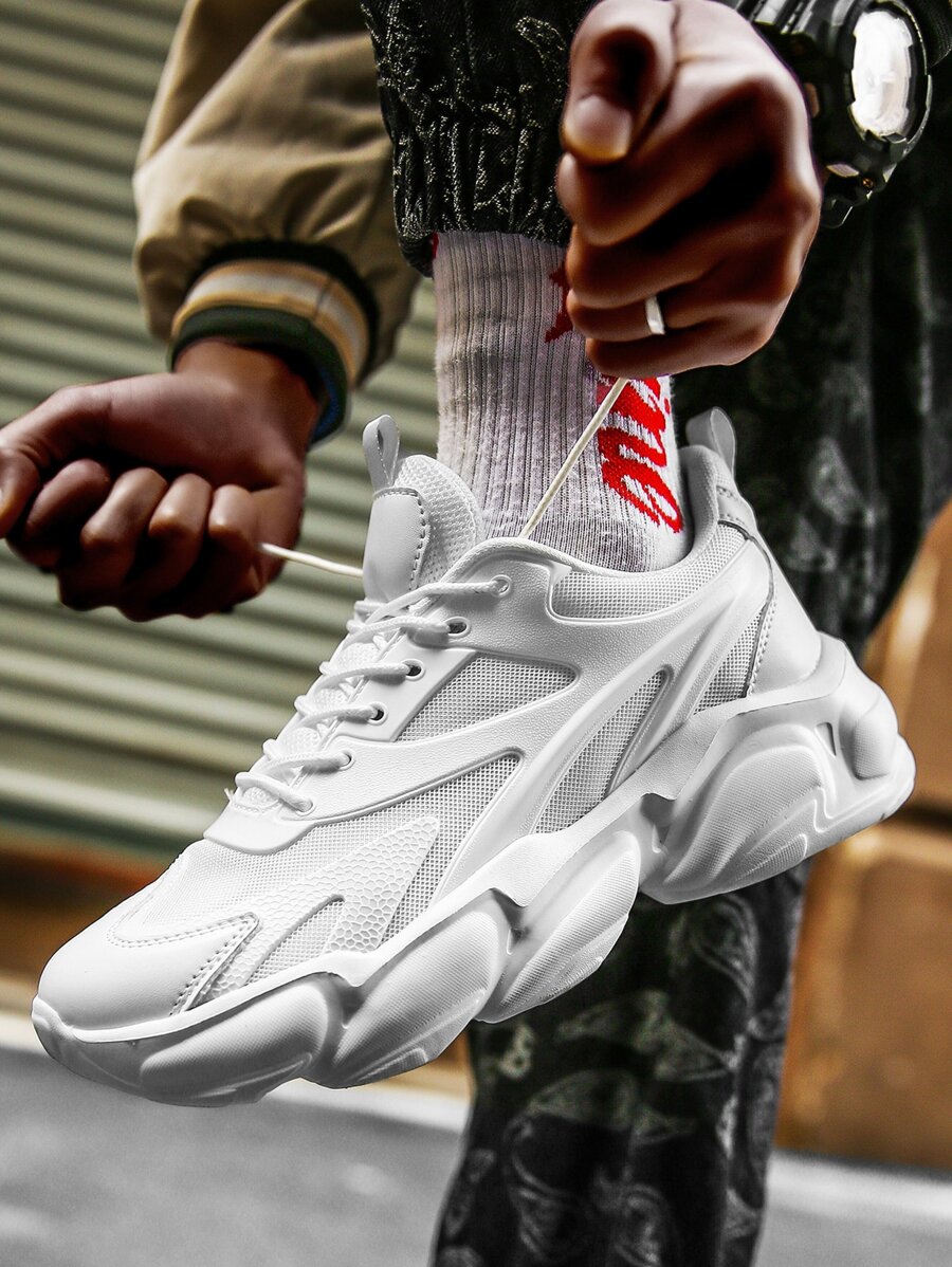 男士白色前綁帶運動鞋,圓頭老爹鞋 - 白色 - 查看 1