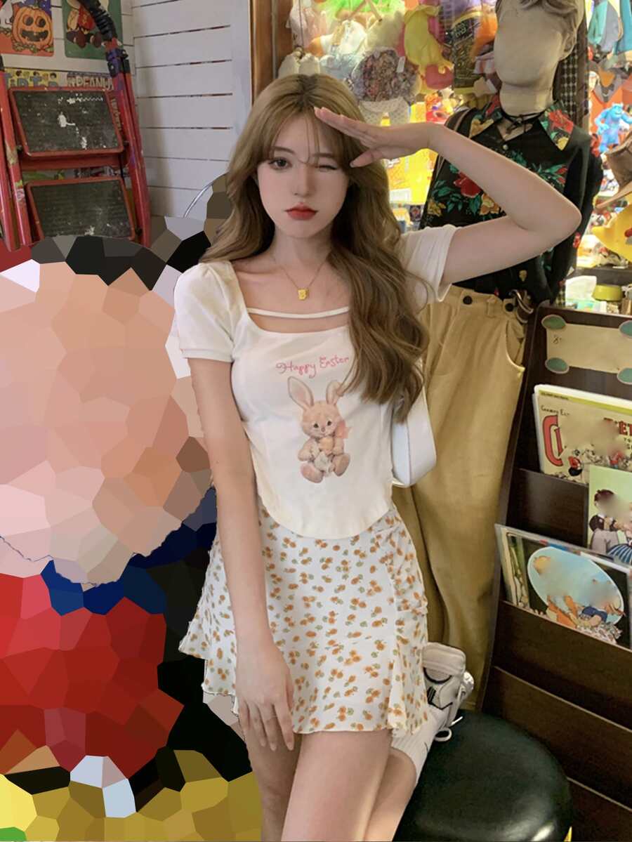Ditsy Floral Ruffle Hem Skirt - White - View 1