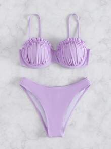 SHEIN Swim Summer Beach Frill Trim Ruched Bust Push Up Bikini - Lilac Purple - View 1