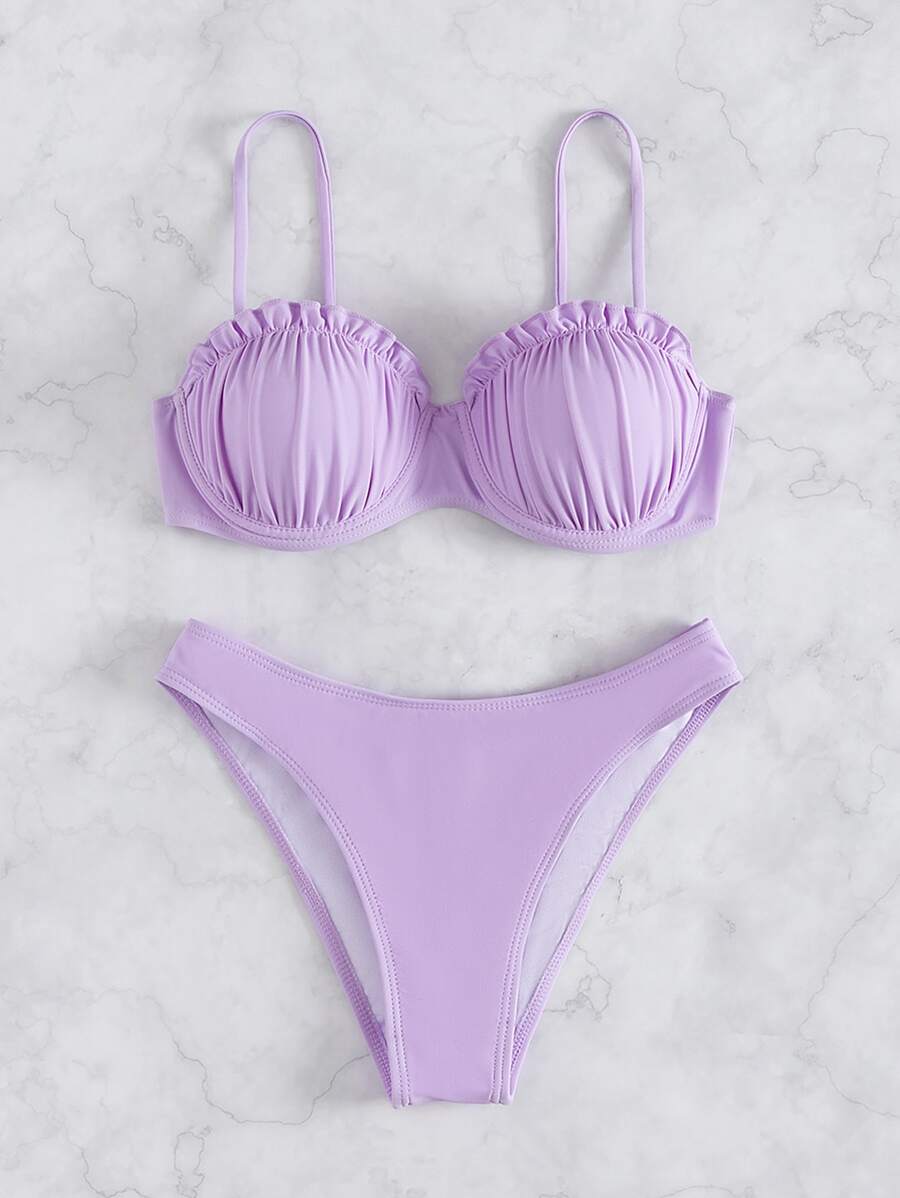SHEIN Swim Summer Beach Frill Trim Ruched Bust Push Up Bikini - Lilac Purple - View 1