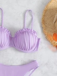 SHEIN Swim Summer Beach Frill Trim Ruched Bust Push Up Bikini - Lilac Purple - View 5