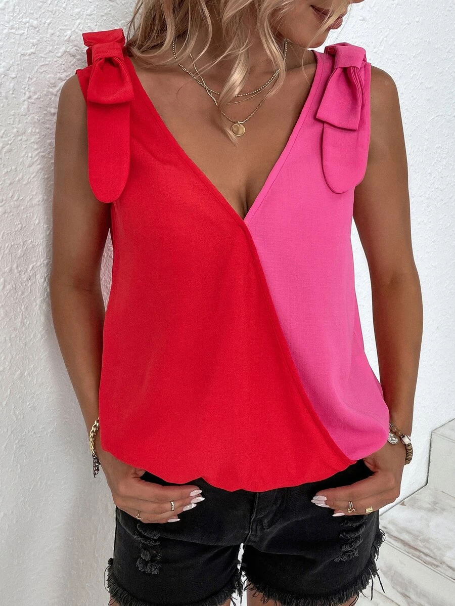 SHEIN Unity Two Tone Tie Shoulder Blouse - Multicolor - View 1