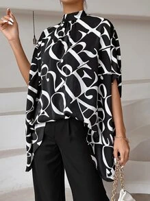 SHEIN Clasi 字母圖案後綁帶蝙蝠袖不對稱下擺襯衫 - 黑與白 - 查看 1