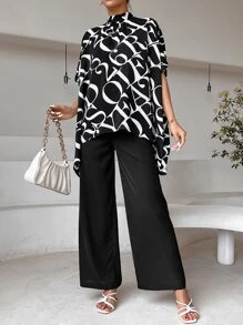 SHEIN Clasi 字母圖案後綁帶蝙蝠袖不對稱下擺襯衫 - 黑與白 - 查看 3