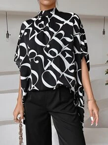 SHEIN Clasi 字母圖案後綁帶蝙蝠袖不對稱下擺襯衫 - 黑與白 - 查看 4