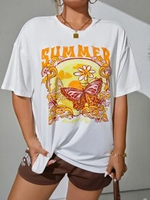 Flirla Plus Butterfly & Letter Graphic Drop Shoulder Tee - White - View 3