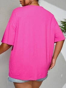 Flirla Áo thun Plus size Lá thư Loại bướm Giải trí - Màu Hồng Tươi - Xem 2