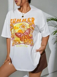Flirla Plus Butterfly & Letter Graphic Drop Shoulder Tee - White - View 5