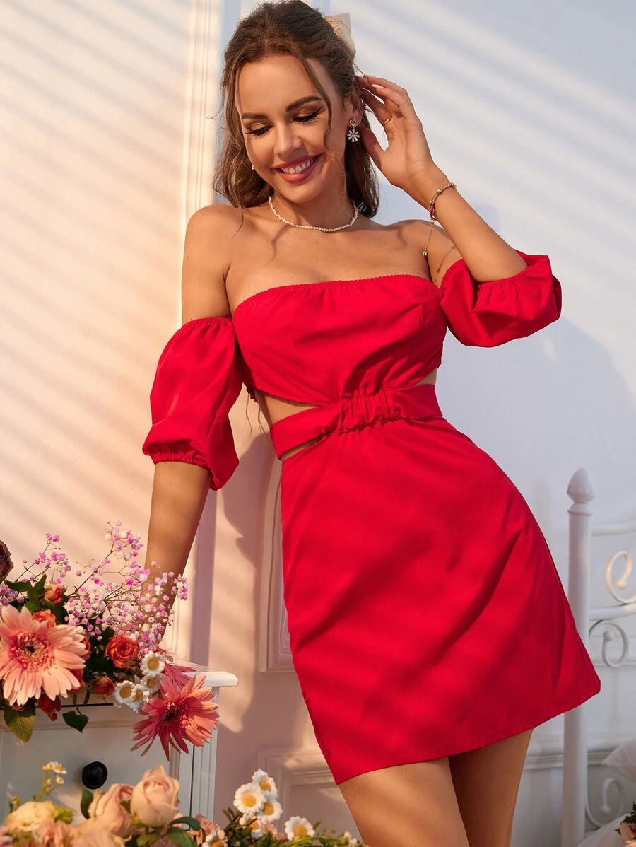 Aveloria Off Shoulder Cut Out Shirred Tie Back Dress - Red - View 1
